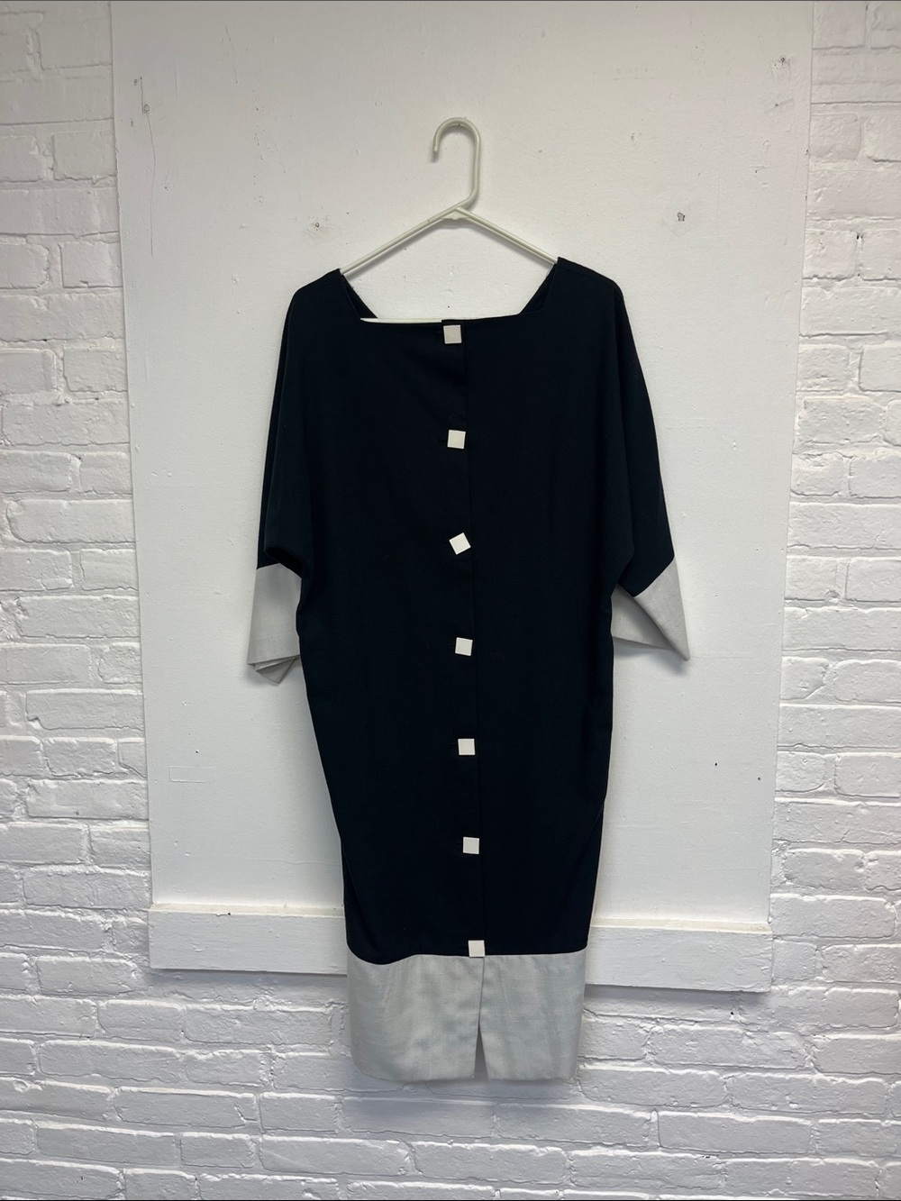 Vintage Black and Light Gray Contrast Button-Back Women's Midi Dress